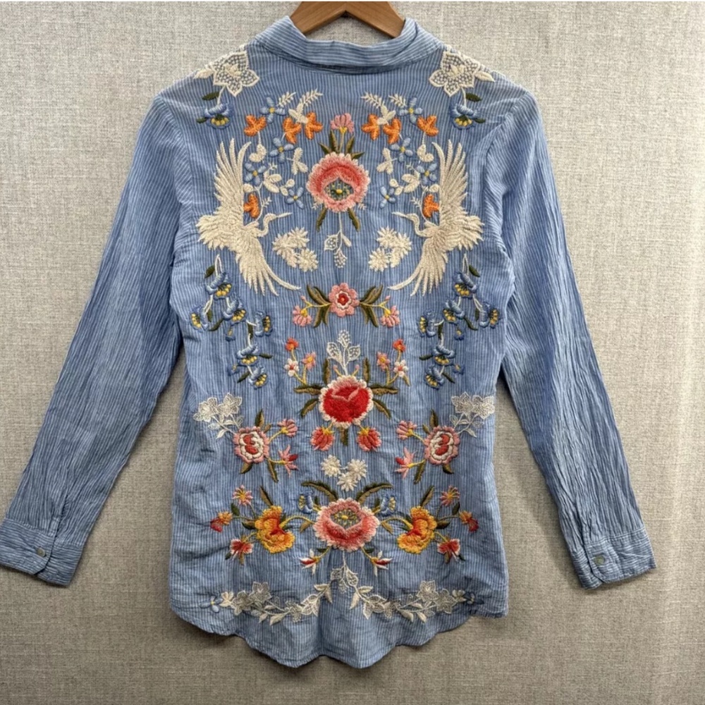 Johnny Was Shirt Womens XS Blue Striped Embroidered Long Sleeve Button Up Boho